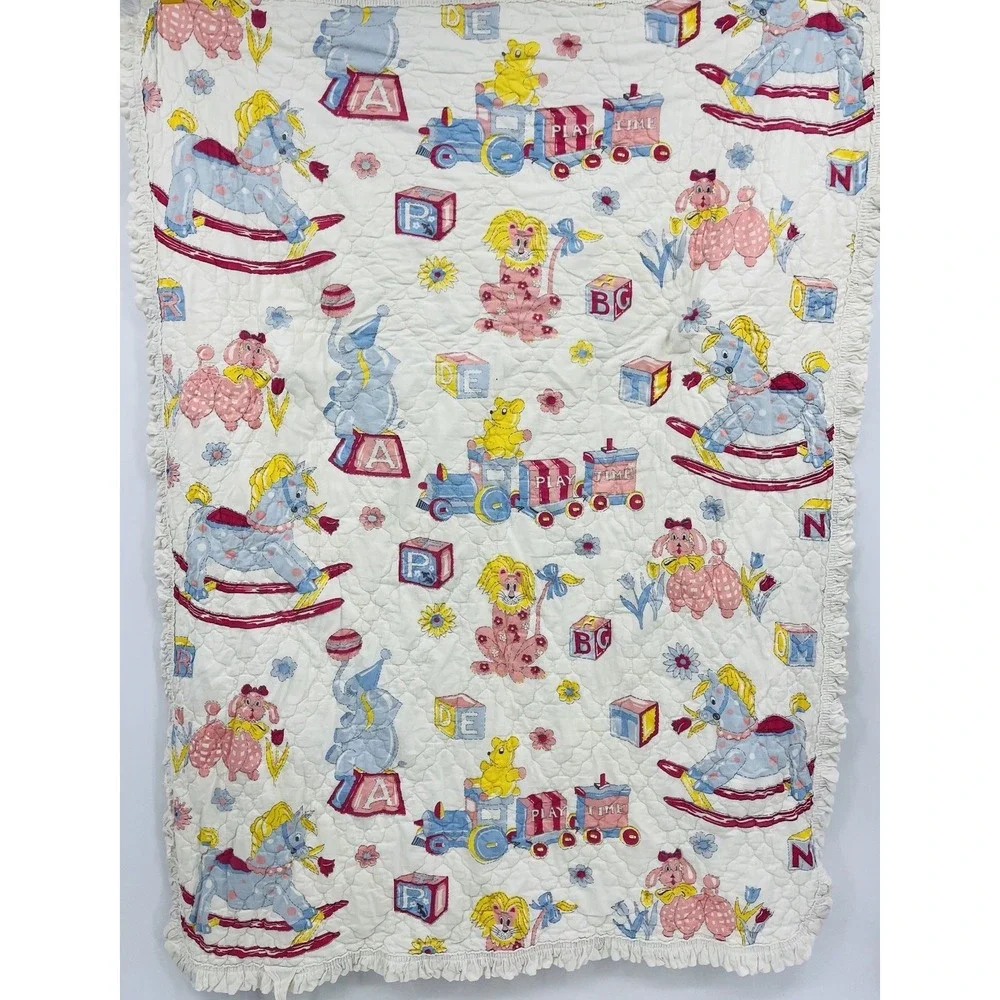 Vintage Quilted Baby Blanket Animals ABC Blocks Flowers 44